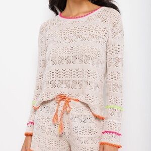 Lisa Todd Beach Please Popover Open Knit Sweater Ecru White Neon Crochet Trim XS